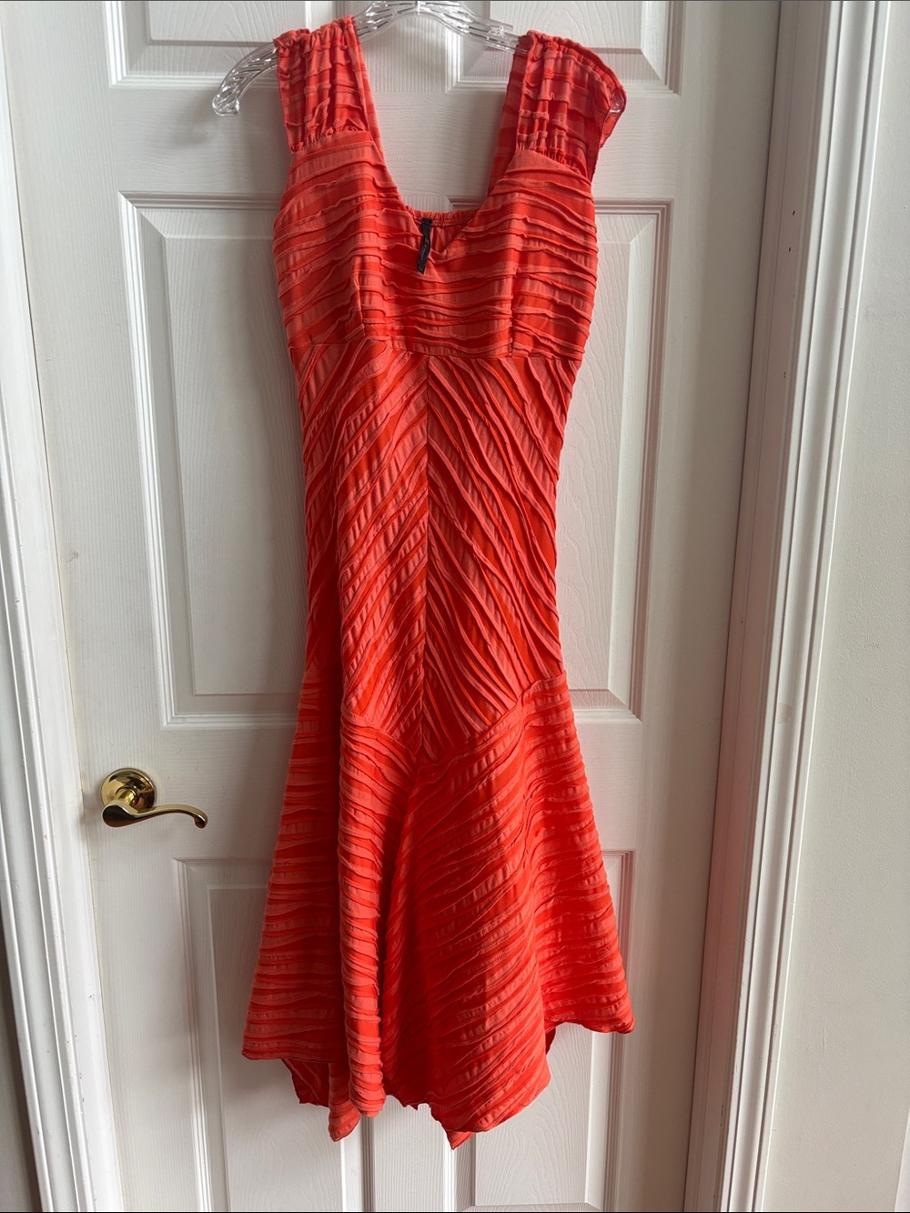 Textured Coral-Red Sleeveless Fit & Flare Midi Dress